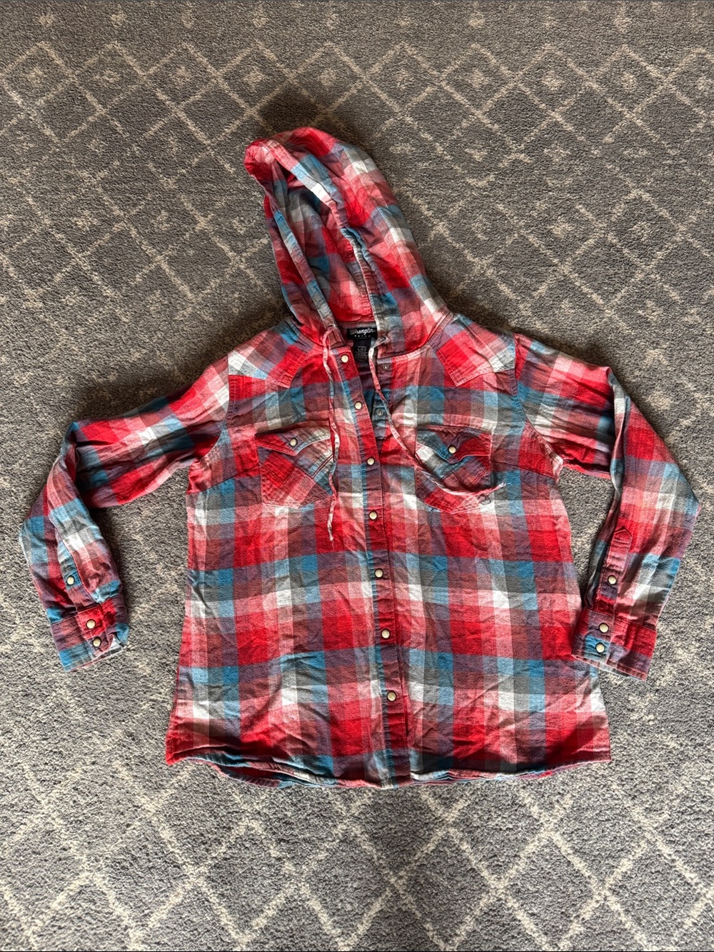 Plaid Hooded Button-Down Shirt Jacket - Red & Blue with Pearl Snaps